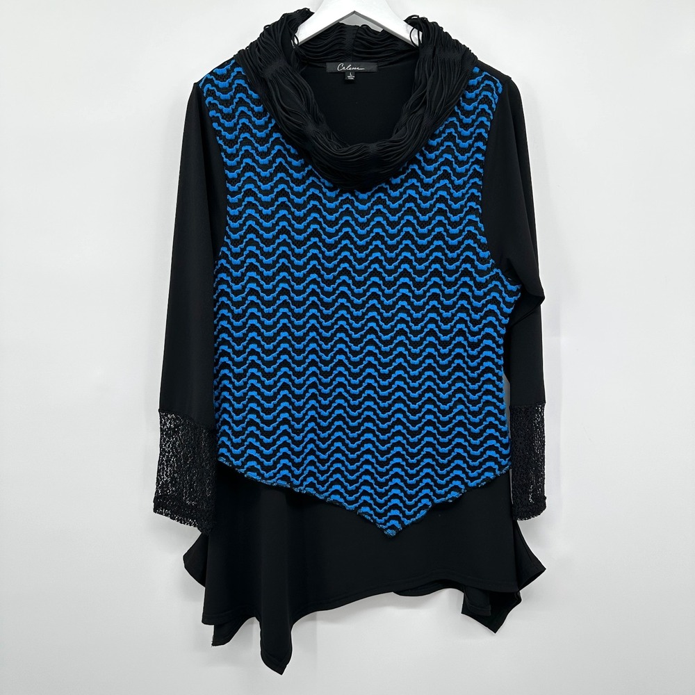 Calessa Tunic Top Shirt Size Large Textured Cowl Neck Asymmetric Artsy Abstract